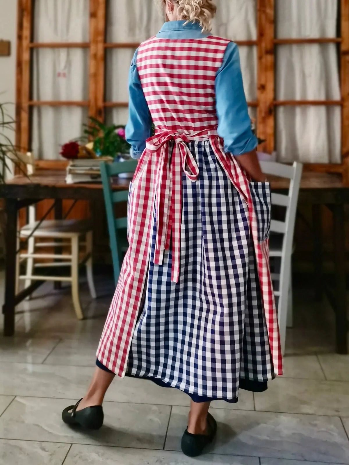 Patchwork Apron with Blue and Red Checks