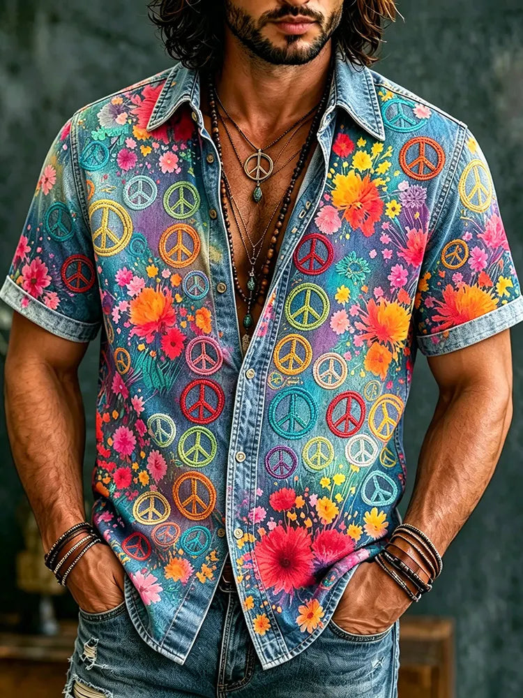 Men's Retro Hippie Peace With Floral Graffiti Art Pattern Casual Washed Shirt