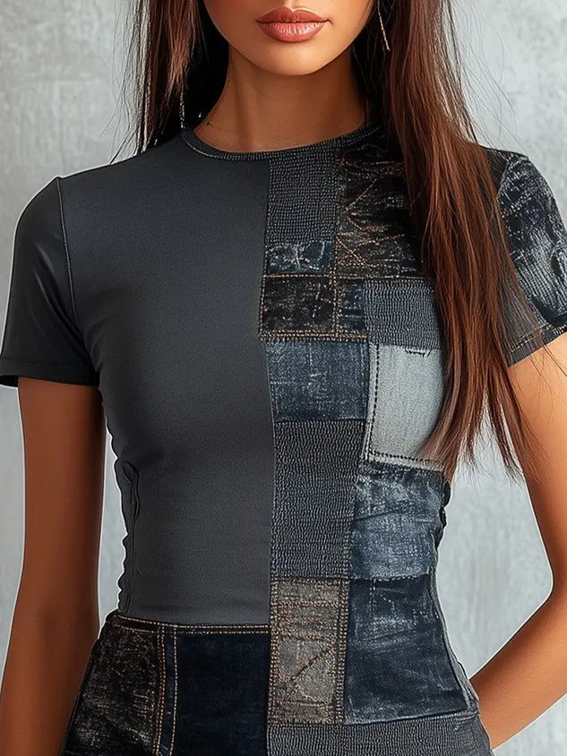 Casual Faux Denim Print Graphic  Crew Neck  T-shirt