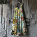 Vintage Floral Art Linen Blend Tank Midi Dress fc78