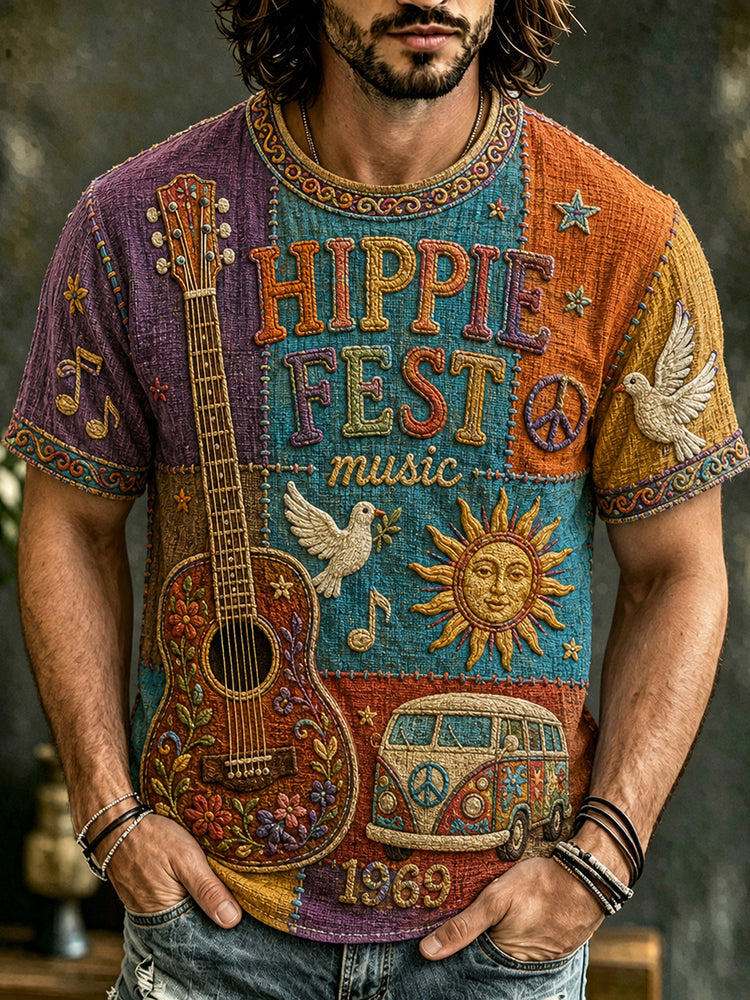 Men's Hippie Peace Sign And Guitar Art Patchwork Print T-shirt