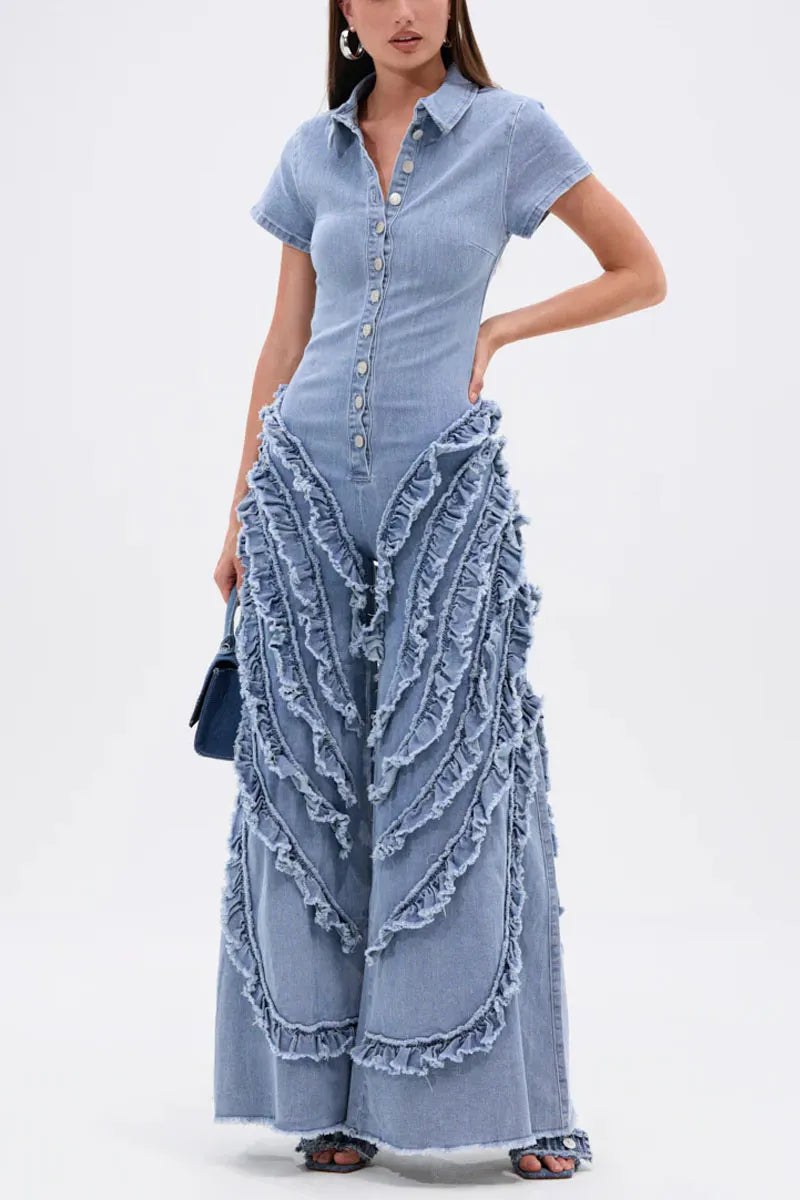 Women's Fitted Short-Sleeve Denim Jumpsuit with Tiered Ruffles