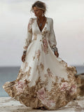 Classy Vintage Roses Print V Neck Flowy Maxi Linen Dress
