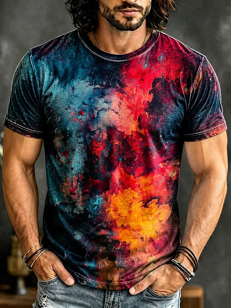 Men's Retro Hippie Abstract Art Print Crew Neck Short Sleeve T-shirt