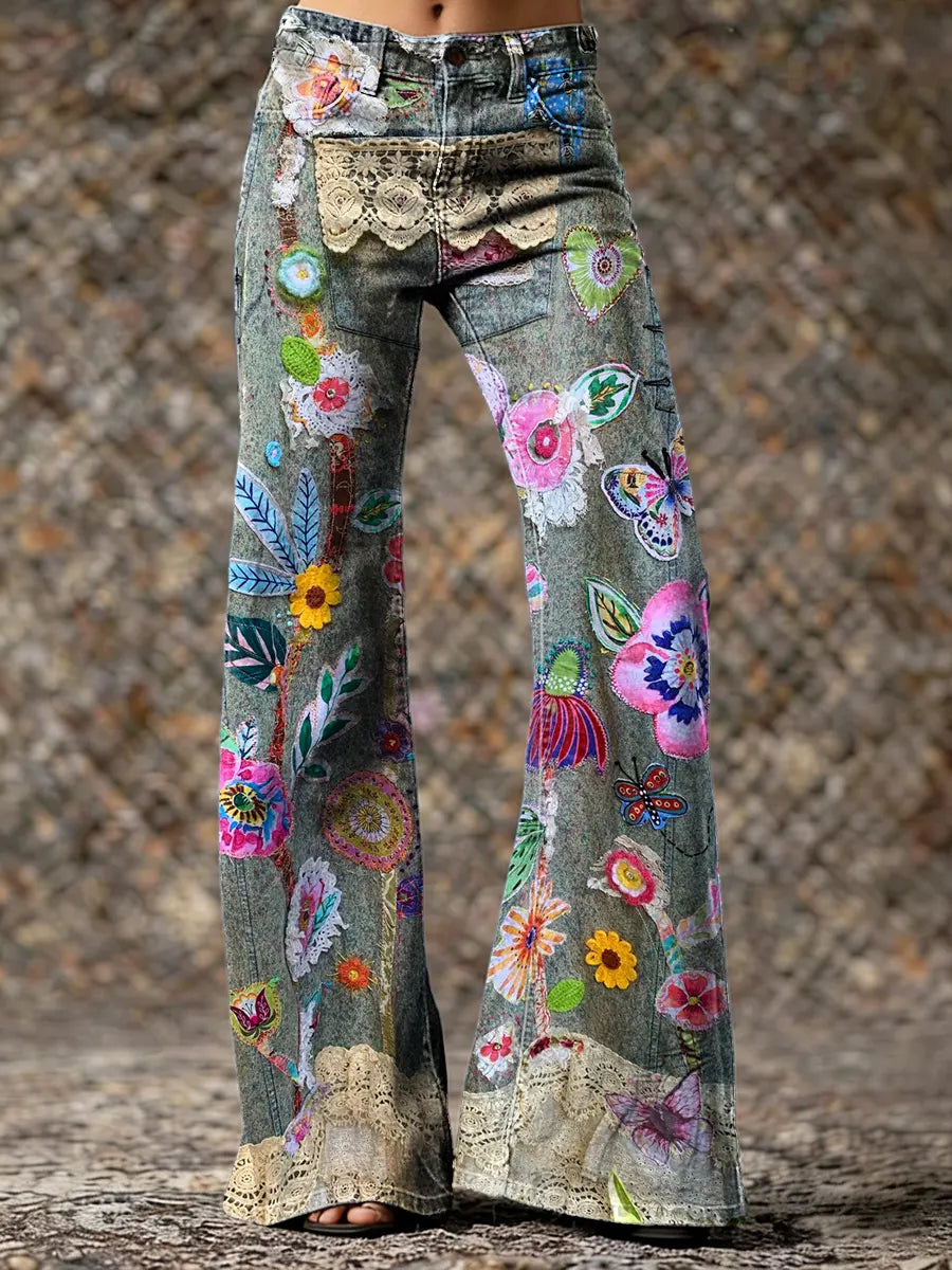 Women's Vintage Floral Art Print Washed Cotton  Pants
