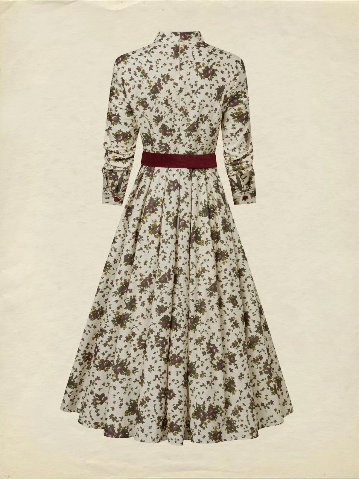 Midi Linen Dress, Long Sleeves, Shawl Collar, Floral, Belt Design, Vintage, Apricot