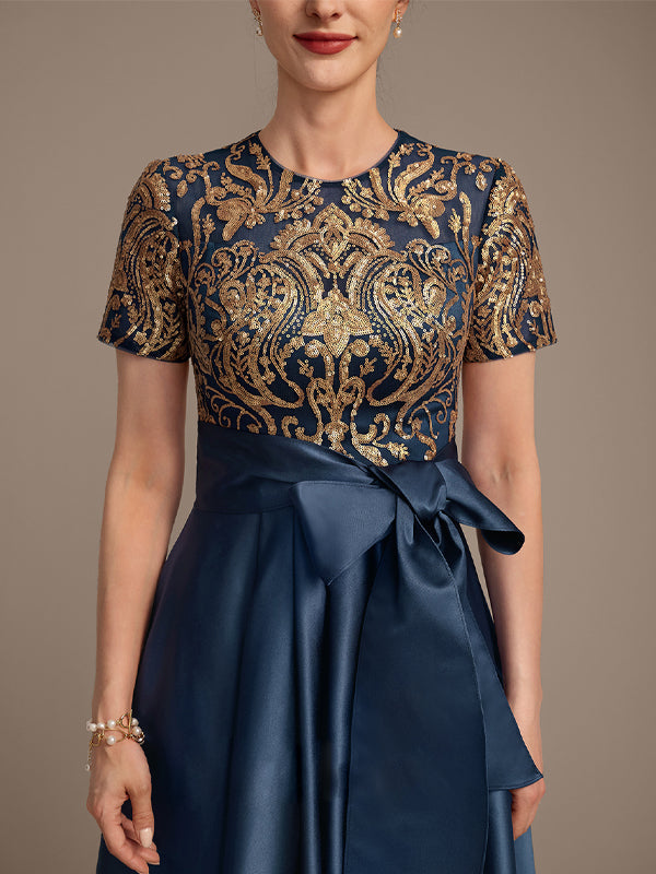 Round Neck Printed Patchwork Midi Dress