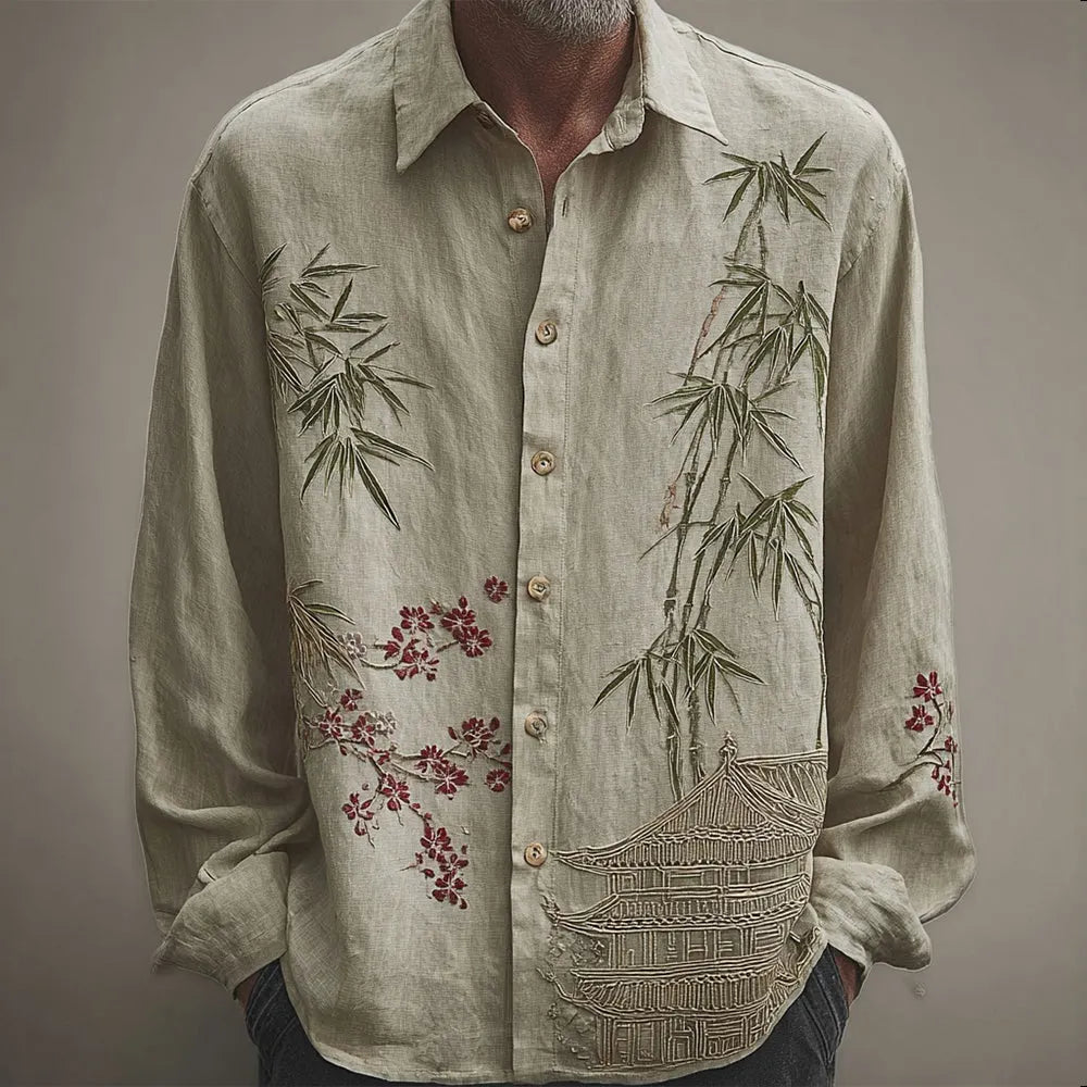 Men's Vintage Japanese Style Bamboo Art Cozy Linen Blouse