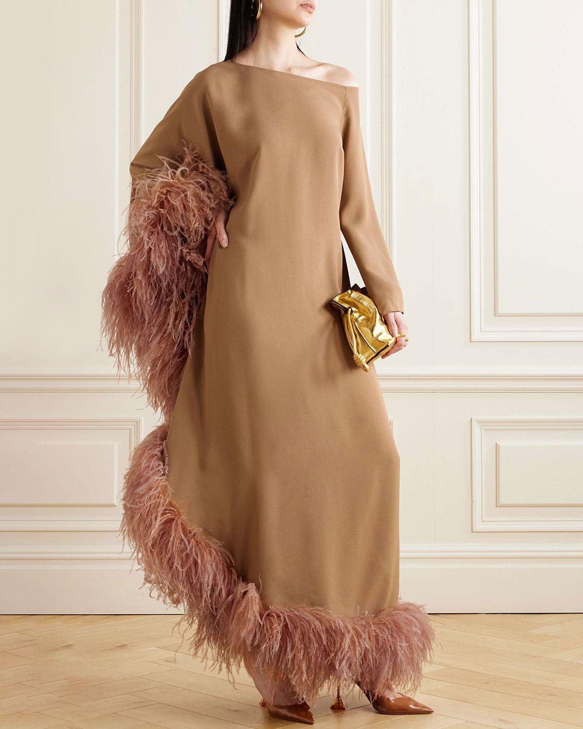 Feather-Trimmed Crepe Midi Dress