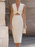 Sleeveless V-Neck Knot Front Cutout Bodycon Midi Dress