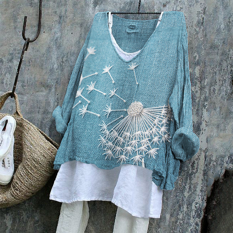 Classy Dandelion Embroidered Linen Blend Tunic