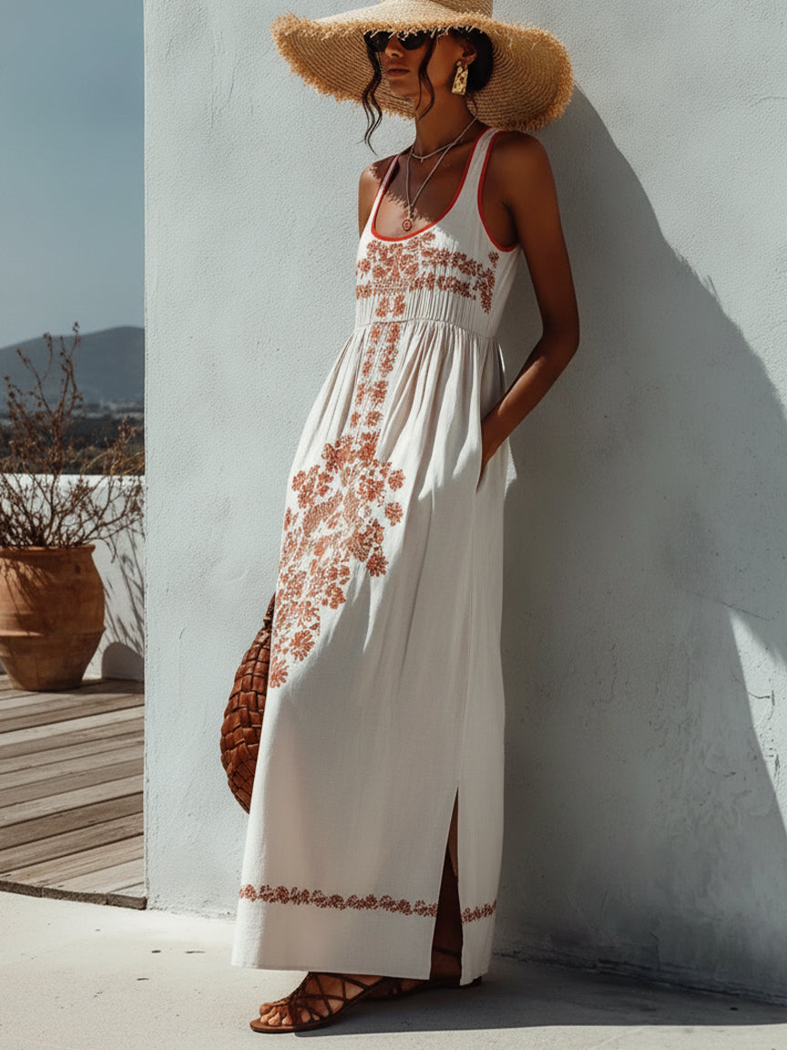 White Floral Print Sleeveless Maxi Dress