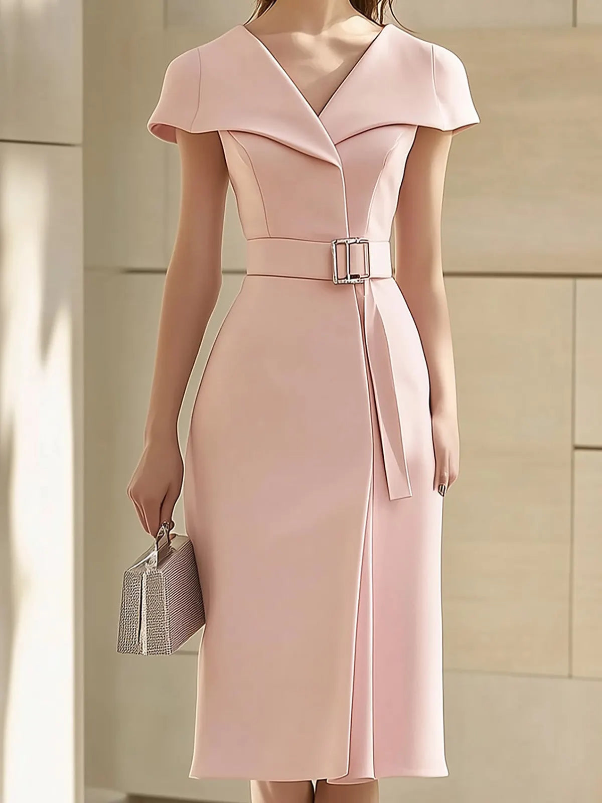 Elegant Pink Midi Dress with Unique Collar Design and Waist Belt