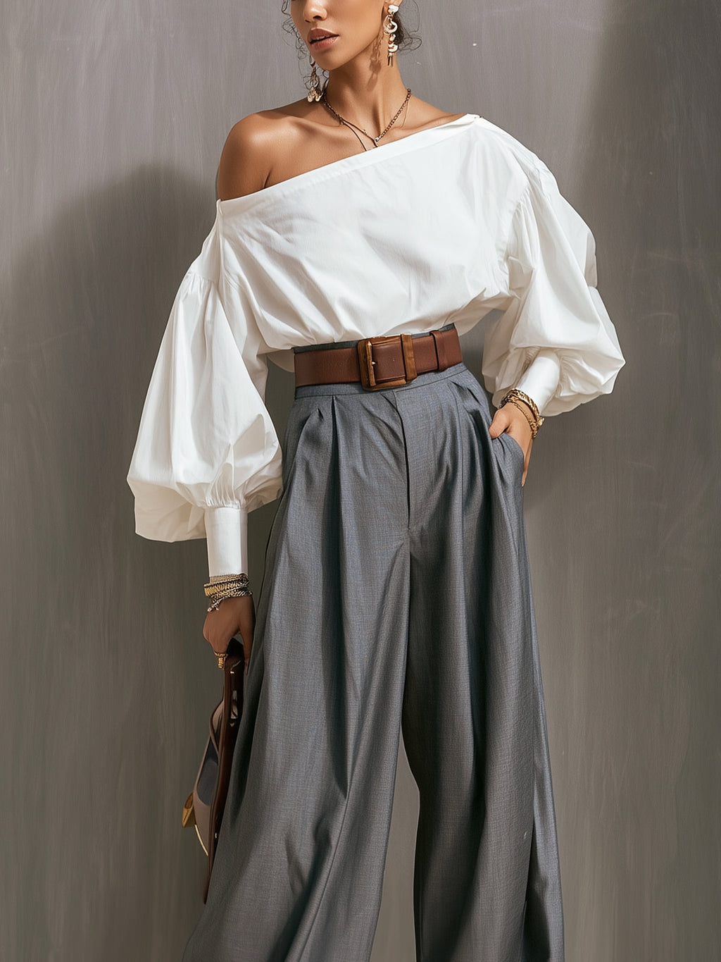 Ivory Off-Shoulder Balloon Sleeve Cotton Blouse