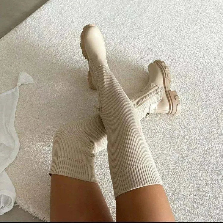 Over-the-knee round-toe flyknit women's platform boots