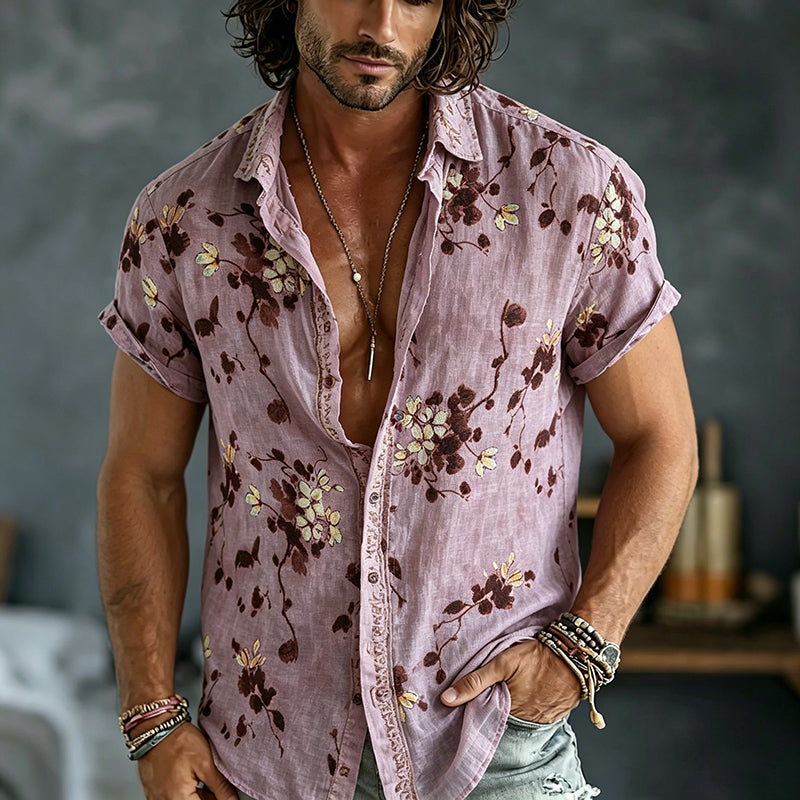 Men's Spring Summer Floral  Embroidered Art Print Flowy Linen Blend Short Sleeve Shirt