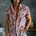 Men's Spring Summer Floral  Embroidered Art Print Flowy Linen Blend Short Sleeve Shirt