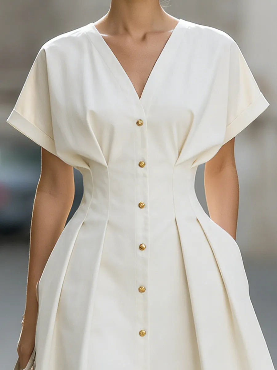 V-Neck Short Sleeve Waist-Cinched Mini Dress With Gold Buttons
