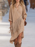 Old Money Style Western V-Neck And Fringe Trim Beige Faux Suede Midi Dress