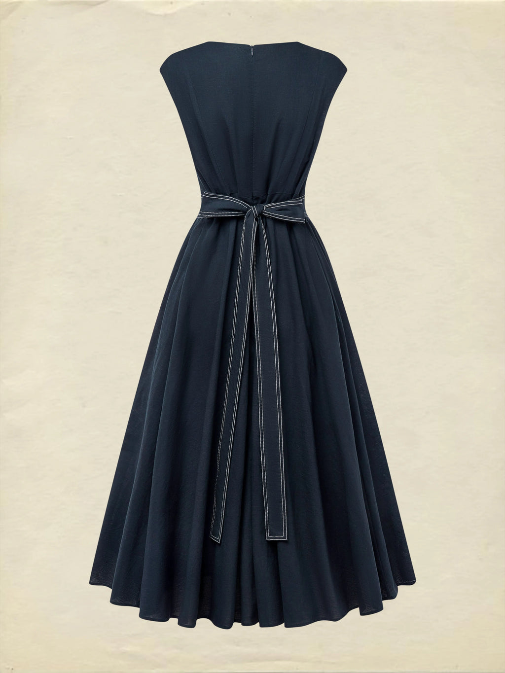 Maxi Linen Dress, Cap Sleeves, Crew Neck, Plain, Pocket Design, French Vintage, Blue