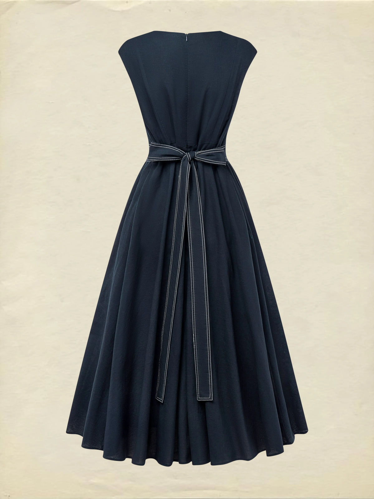 Maxi Linen Dress, Cap Sleeves, Crew Neck, Plain, Pocket Design, French Vintage, Blue