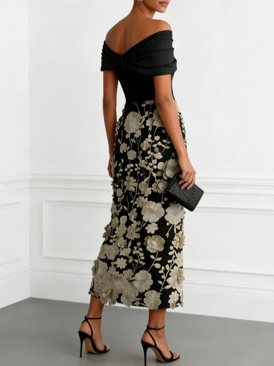 Black 3D Floral Classic Off The Shoulder Short Sleeve Sheath Midi Dress