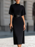 High Neck  Sleeve Belted Sheath Dress With Side Slit
