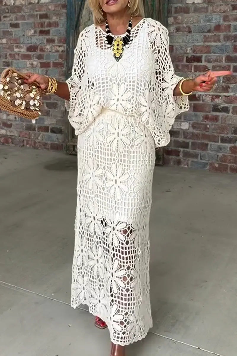 Elegant and Casual Round Neck Patterned Hollow Top or Skirt for Women