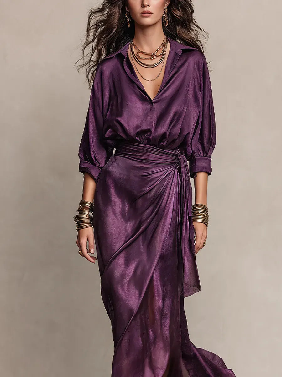 Deep Plum Satin Wrap Maxi Dress with Draped Waist