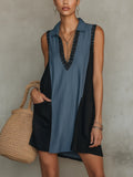 Colorblock Denim Lace Trim Collared Sleeveless Mini Dress