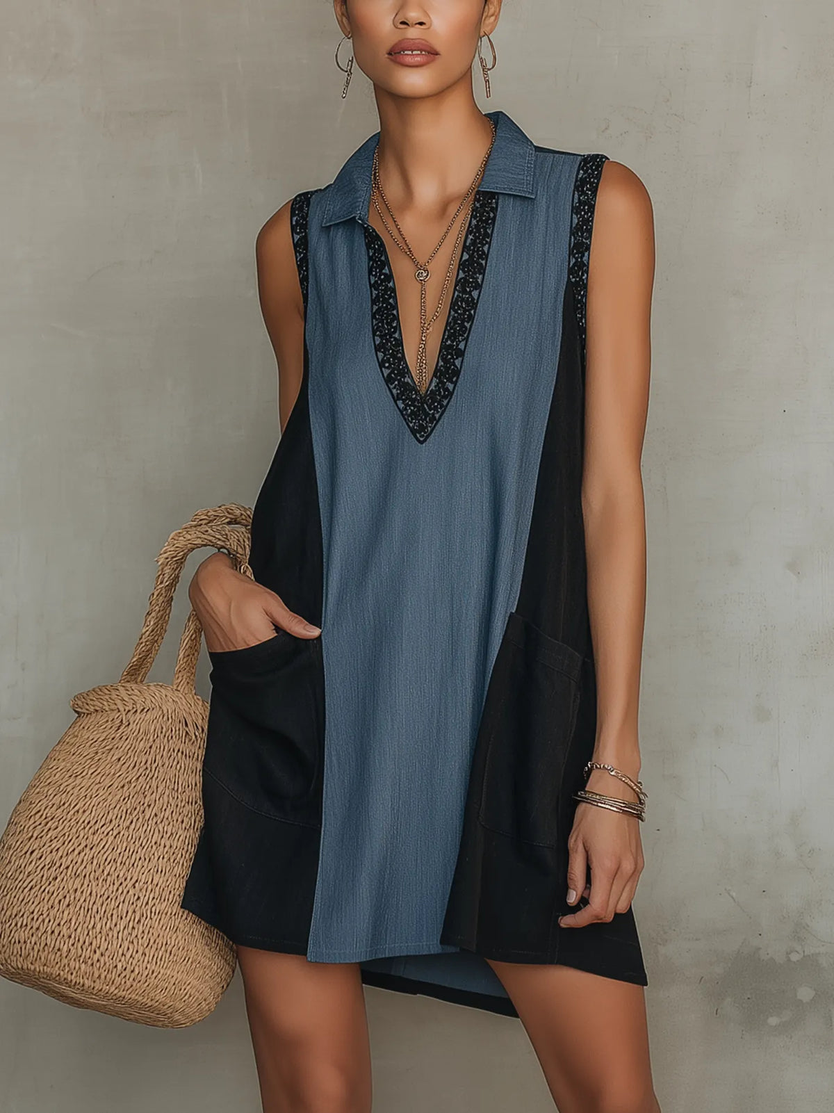Colorblock Denim Lace Trim Collared Sleeveless Mini Dress