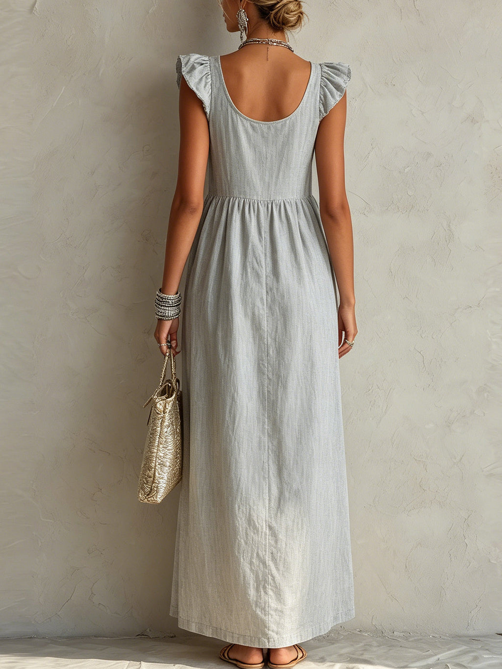 Light Gray And Yellow Colorblock Ruffle Shoulder Maxi Dress
