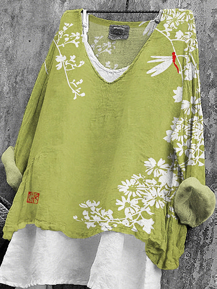 Women's Japanese Floral Art Print V-neck T-shirt