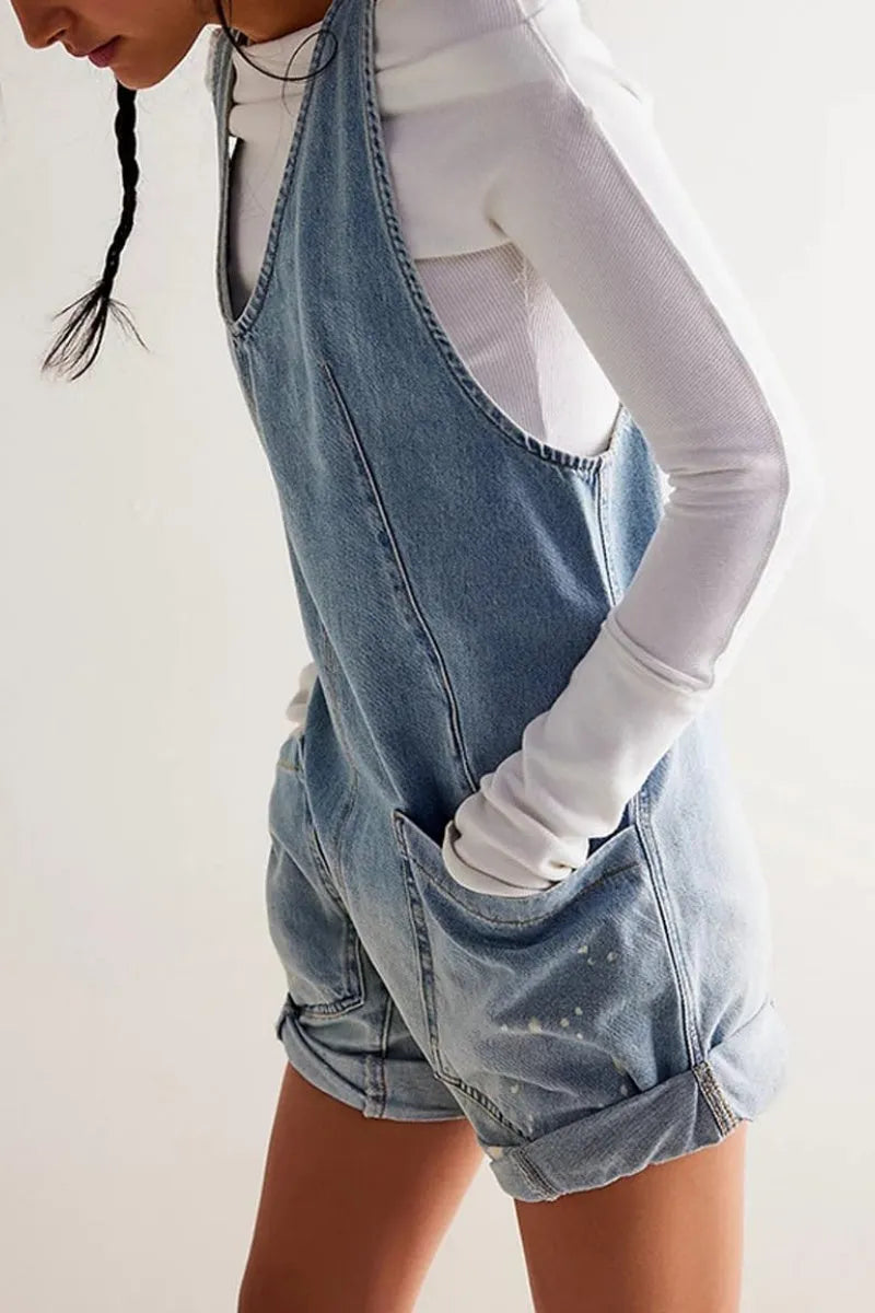 Women Casual Denim Short Overalls Rolled Cuff Barrel Shorts Jumpsuit Rompers