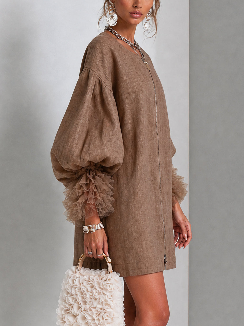 Brown Zip-Front Balloon Sleeve Mini Dress With Sheer Ruffle Cuffs