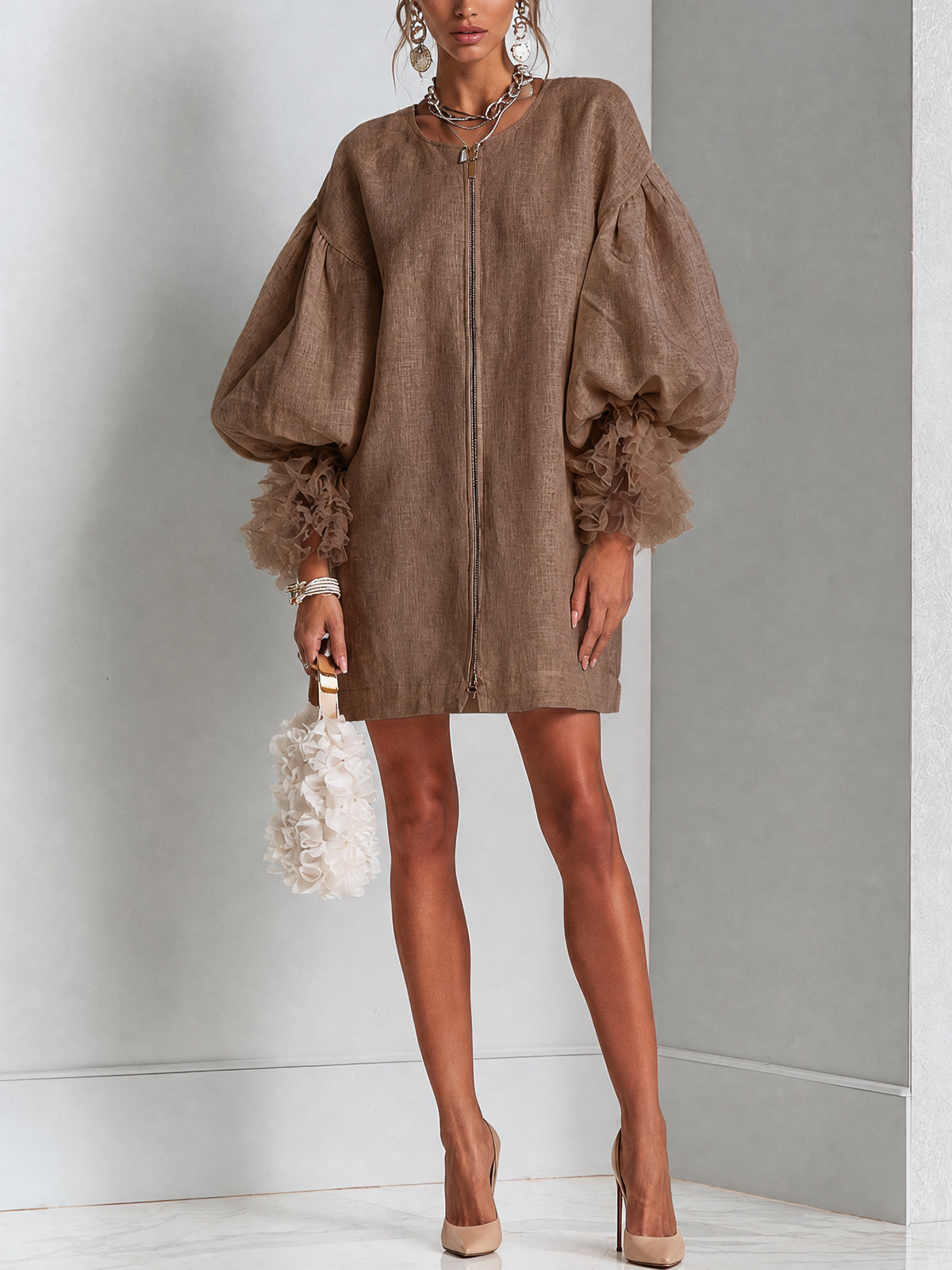 Brown Zip-Front Balloon Sleeve Mini Dress With Sheer Ruffle Cuffs