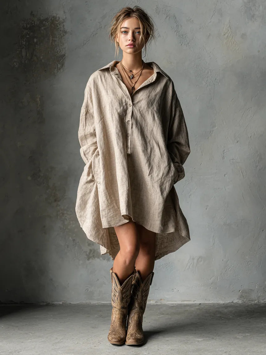 Women's Fashion Loose Cotton And Linen Button Lapel Mini Dress