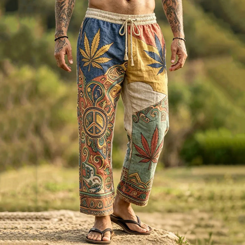 Men's Retro Hippie Peace Logo Art Print Loose Drawstring Waist Pants