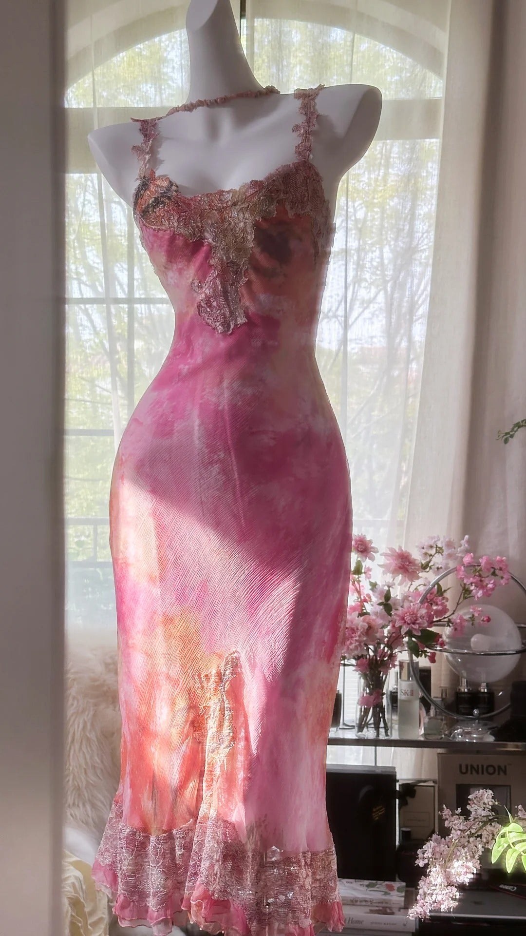 Pink gorgeous gradient exquisite beaded lace long chiffon fairy ball gown evening dress wedding party dress prom dress graduation date dress 3990