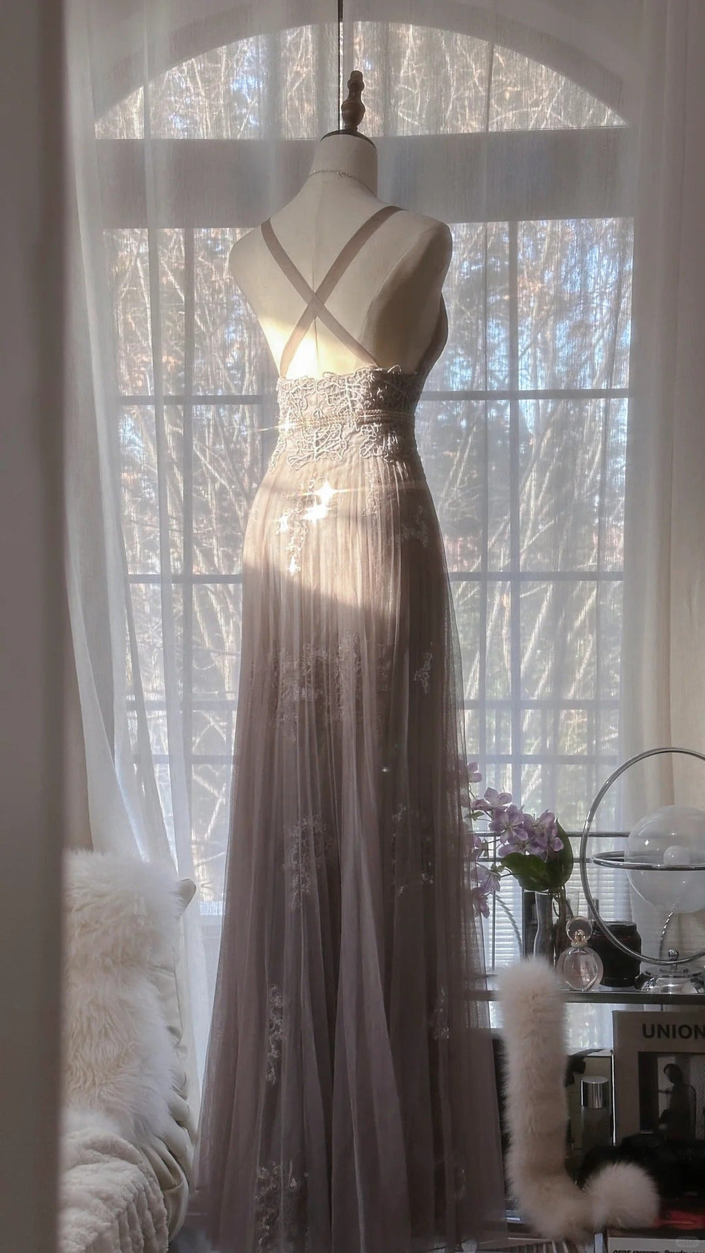 Gray Purple Romantic Fashion Elegant Exquisite Lace Floral Applique Long Tulle Fairy Ball Gown Evening Dress Birthday/Wedding Guest/Holiday Party Dress Prom Dress Valentine's Day Date Dress Bridesmaid Dress 4031