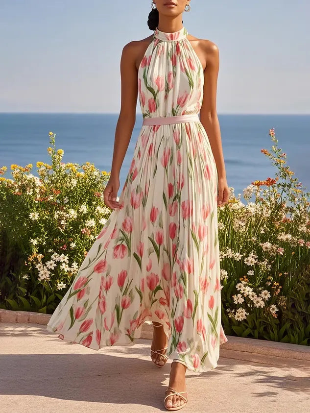 Pink Floral Chiffon Halter Sleeveless A-Line Maxi Dress
