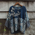 Vintage Japanese Traditional Sashiko Art Pattern Linen Blend Casual Tops