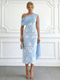 Elegant One-Shoulder Embroidered Lace Draped Midi Dress