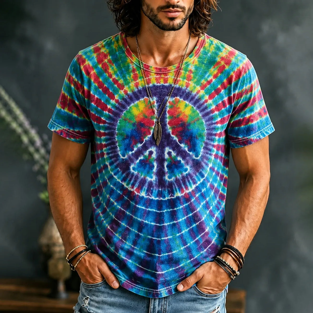 Vintage Tie Dye Peace Art Print Casual T-shirt