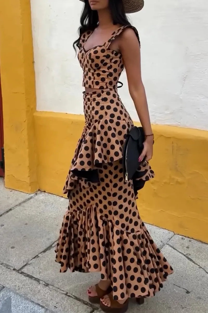 Women's Elegant Asymmetric Flounce Hem Polka Dot Skirt Set