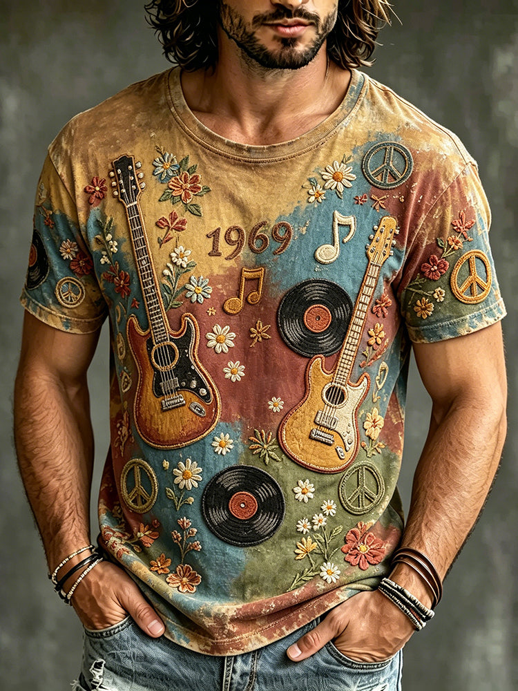 Men's Retro Hippie Music Guitar Print T-shirt