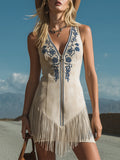 Retro-Chic Embroidered Off-White Faux Suede Fringe Sleeveless Mini Dress