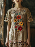 Vintage Lace Floral Embroidery Women's Linen Dress