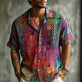 Men's Retro Gradient Art Geometric Print Linen Blend Short Sleeve Shirt