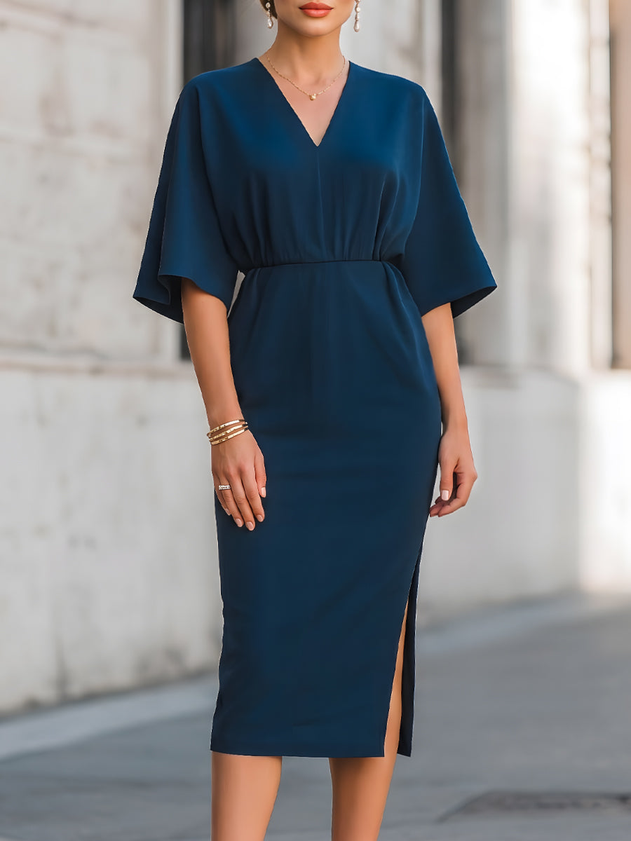 V-Neck Relaxed Sleeve Waist-Defined Midi Dress